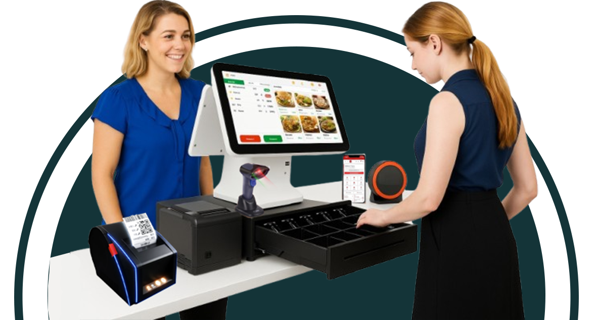 POS system with touchscreen, receipt printer, barcode scanner and cash drawer